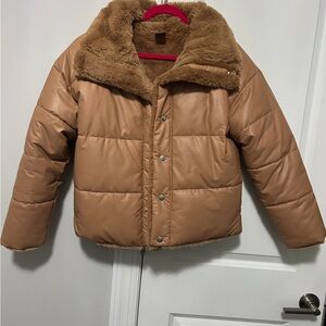 Express Women's Tan Puffer Jacket with Faux Fur